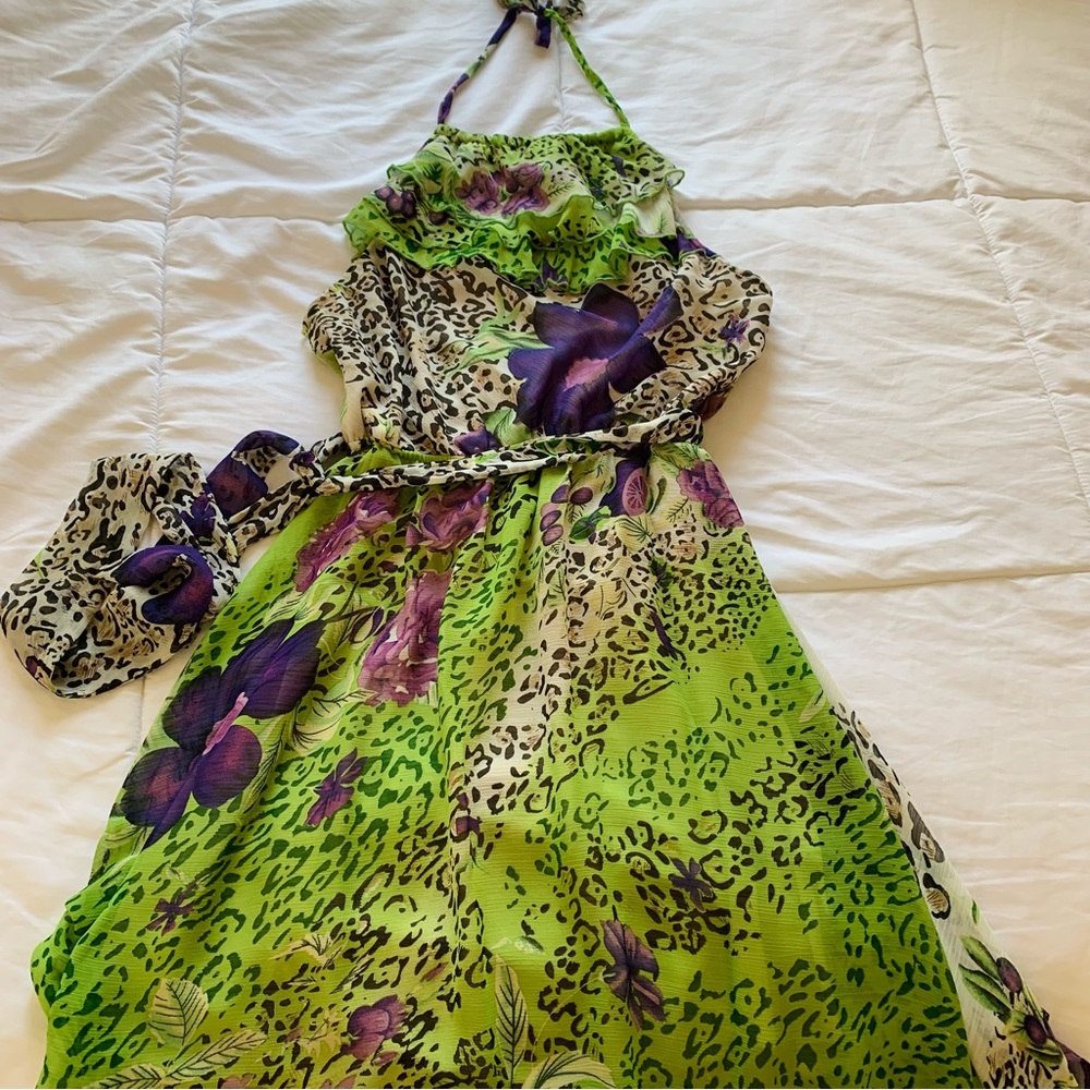 Mystic Green/Purple Cheetah Floral Halter Dress Size Large